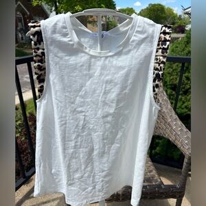 THML white sleeveless top with pleated cheetah print design at arm opening.NWT